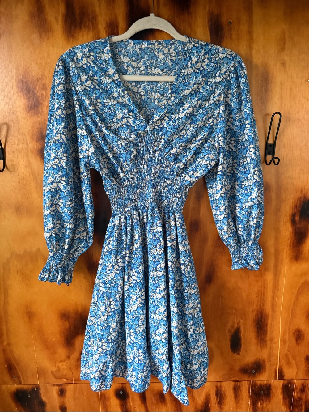 Blue Floral V-Neck Long Sleeve Smocked-Waist Dress